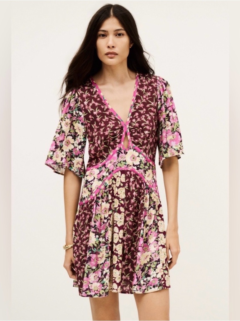 ba&sh Indrea Keyhole Mini Dress Floral Boho Cottagecore Pink Size S Fits 2-4